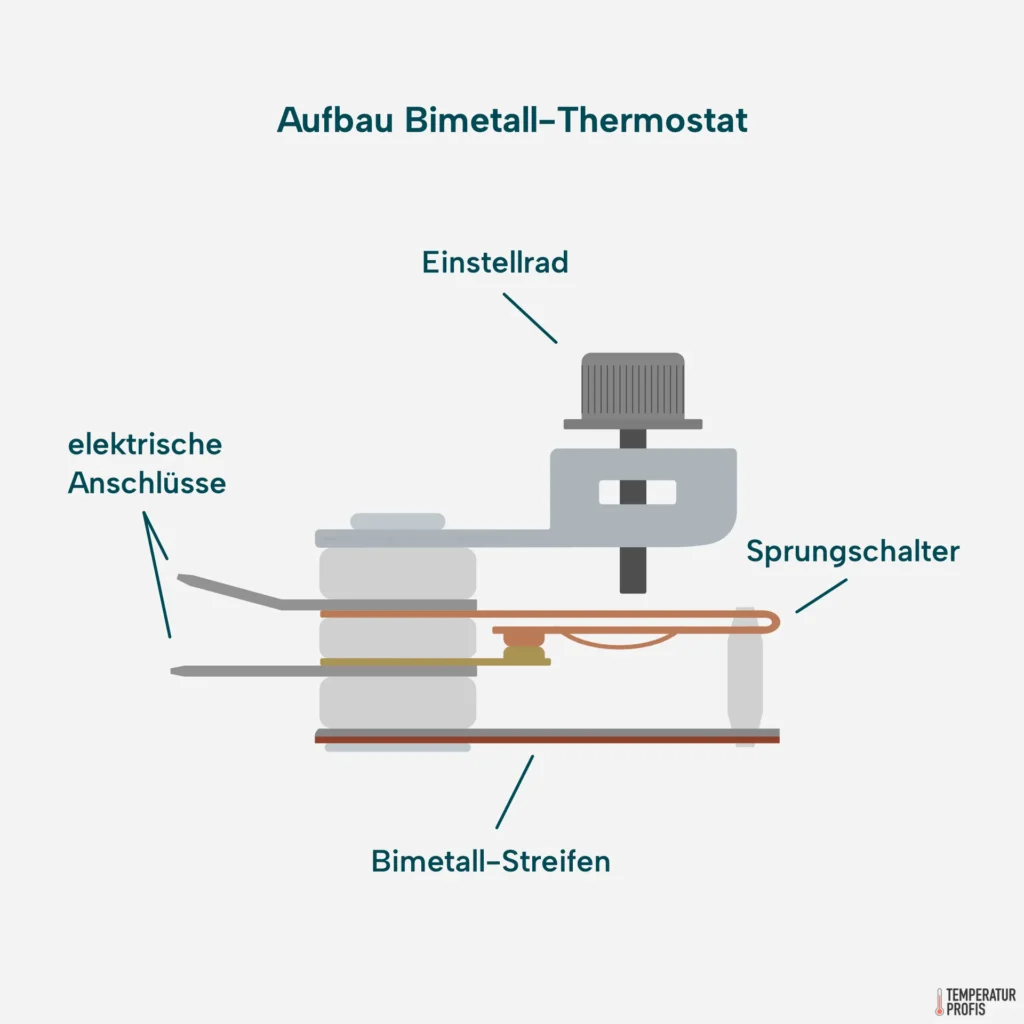 Das Bimetall-Thermostat besteht aus einem Bimetallstreifen, der einen Sprungschalter betätigt. Die Solltemperatur kannst Du mittels Einstellrad justieren.
