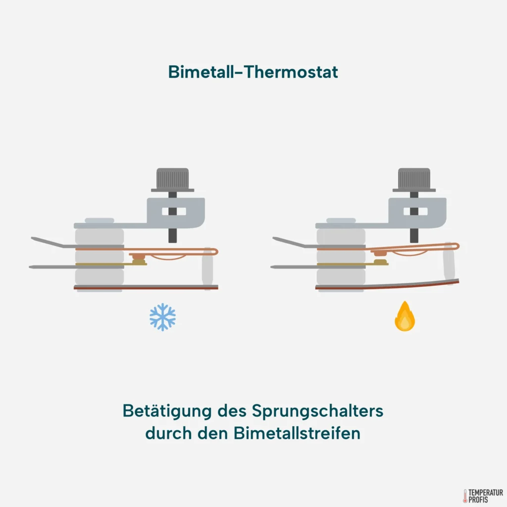 Beispiel Bügeleisen: wenn das Bügeleisen kalt ist, ist der Kontakt geschlossen. Die Heizspirale heizt. Wenn die Solltemperatur erreicht ist, löst der Bimetallstreifen den Sprungschalter aus.