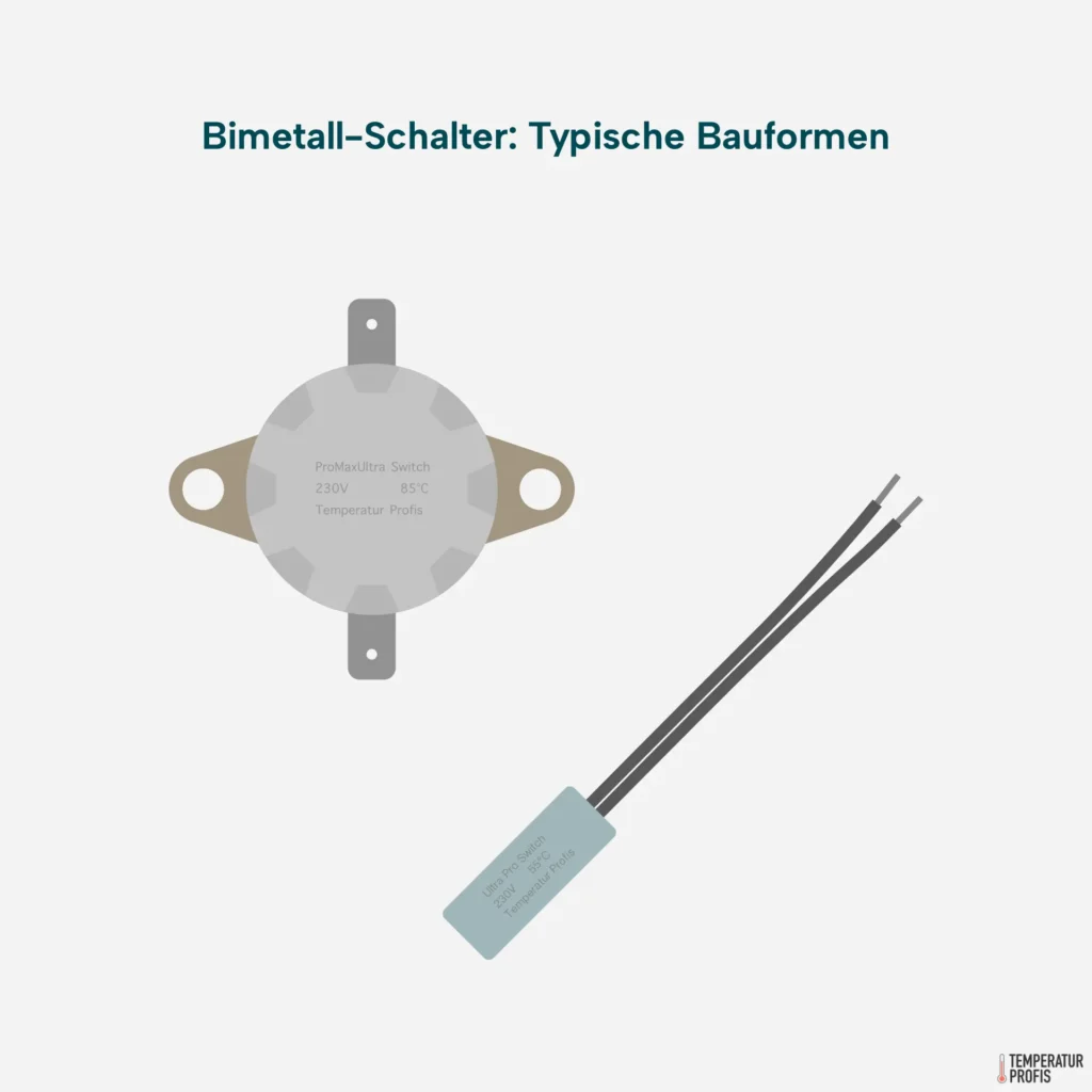 In der Industrie findest Du Bimetall-Schalter entweder in kleinen, runden Gehäusen mit Flachsteckern und Befestigungsösen; oder in kleinen Kunststoff-Gehäusen mit angegossenem Kabel.