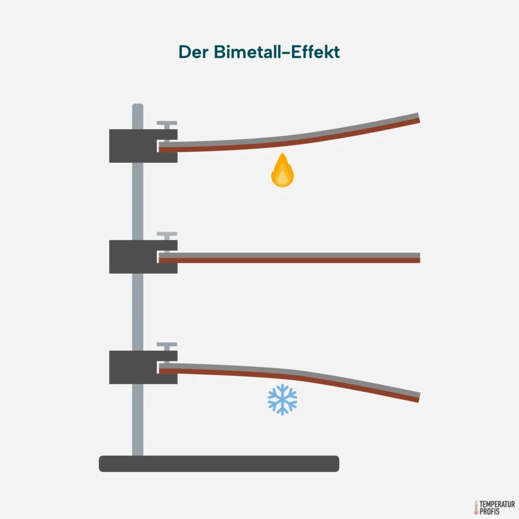 Der obere Bimetall-Streifen biegt sich unter Wärmeeinwirkung nach oben. Der mittlere Bimetall-Streifen ist bei Raumtemperatur gerade. Der untere Bimetallstreifen wird abgekühlt und biegt sich daher nach unten.