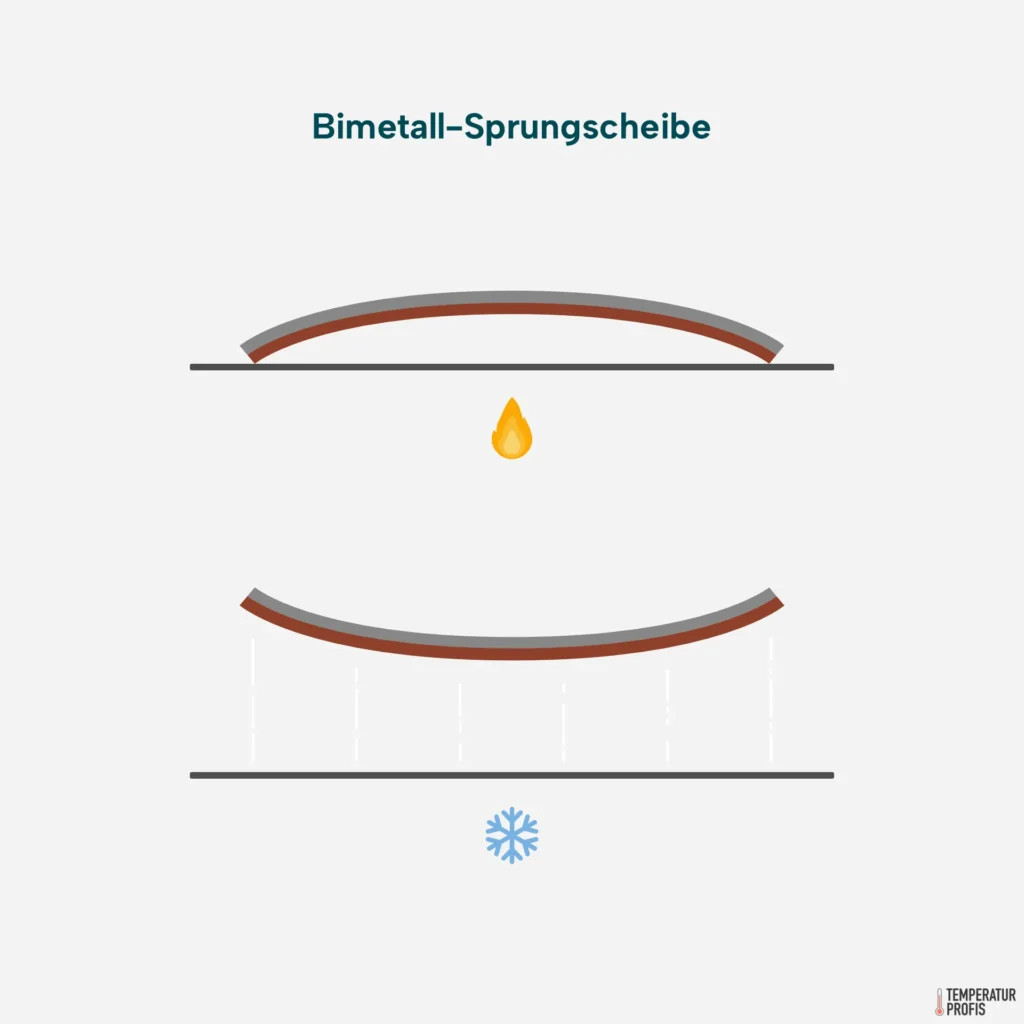 In dieser Grafik ist die Bimetallscheibe konvex, wenn sie warm ist. Wenn sie abkühlt, wird sie sprungartig konkav und stößt sich so vom Tisch ab - sie springt.