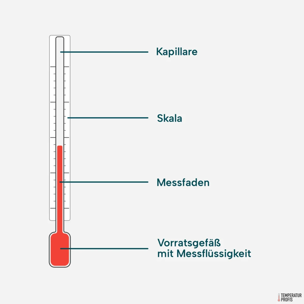 Thermometer Aufbau: schematische Darstellung Flüssigkeitsthermometer-Aufbau (auch Glasthermometer)