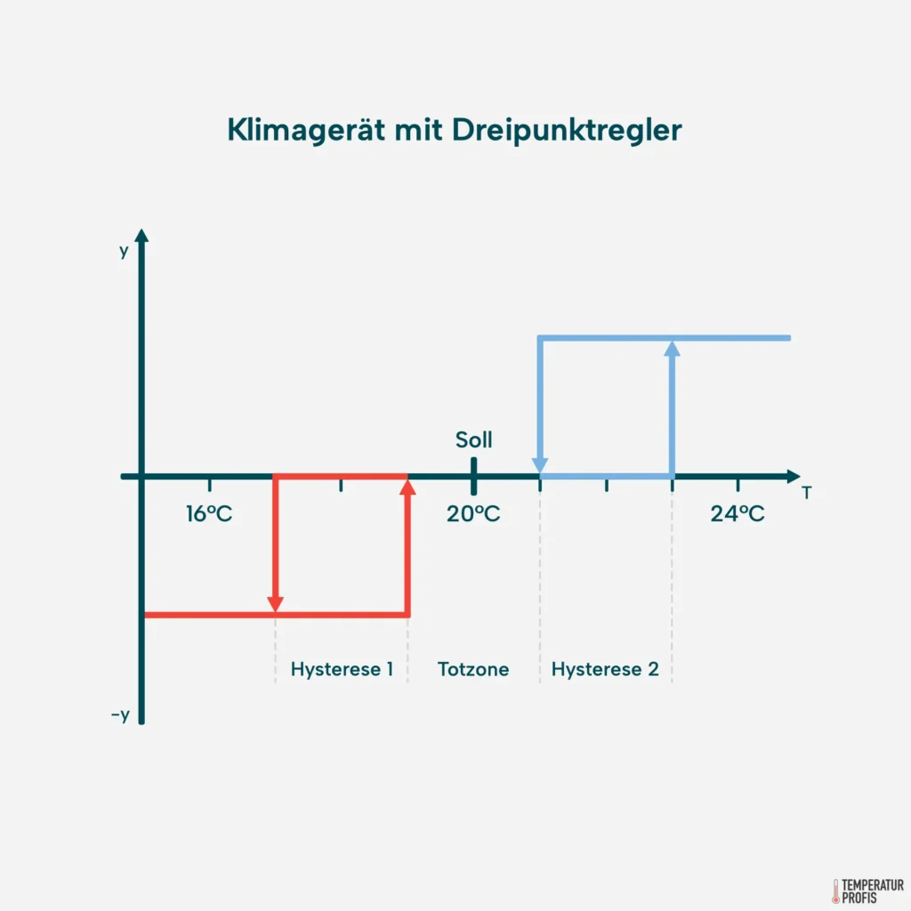 Regelverhalten eines Dreipunkt-Reglers: unter dem Sollwert wird die Heizfunktion eingeschaltet (rot), über dem Sollwert wird die Kühlfunktion eingeschaltet (blau). Das geschieht jeweils in Abhängigkeit von der Totzone und der Hysterese