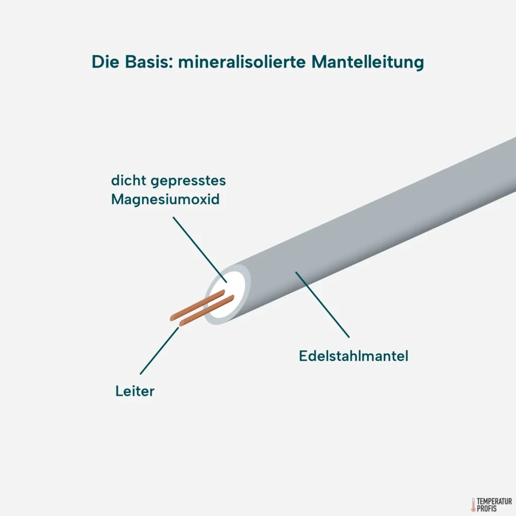 Mineralisoliertes Kabel besteht aus einem robusten Edelstahlmantel. Das Innere ist prall gefüllt mit Magnesiumoxid, das die Leiter voneinander isoliert.