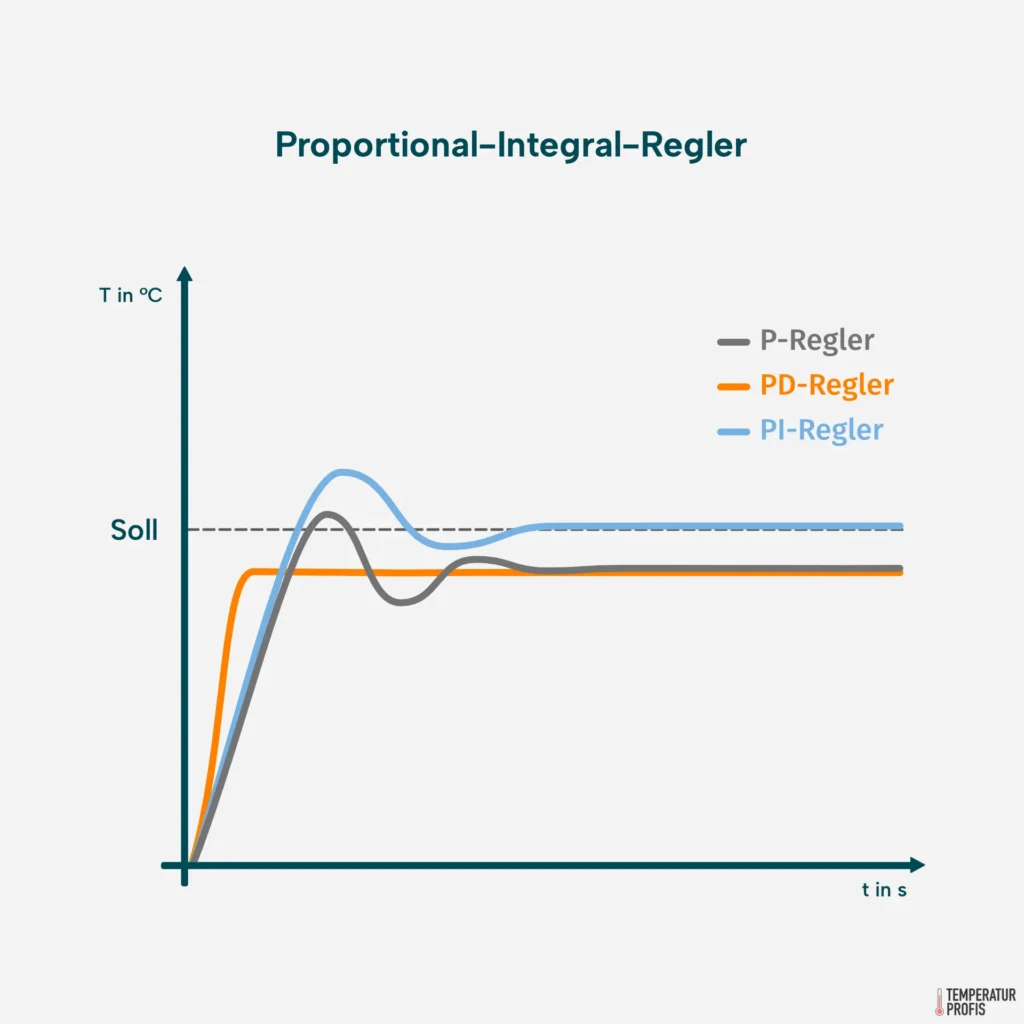 Das Integralglied gleicht die dauerhafte Regelabweichung des P-Reglers aus. Der PI-Regler (blaue Linie) behält aber die Neigung zum Überschwingen.