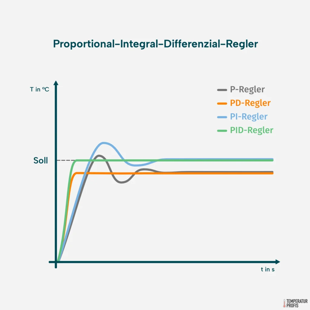 Ein gut eingestellter PID-Regler (grüne Linie) vereint die Vorteile von P-Regler, I-Regler und D-Regler. In der Praxis ist so eine ideale Kurve aber je nach Regelstrecke höchstens annähernd zu erreichen.